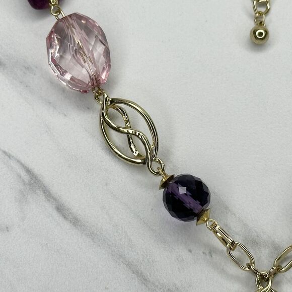 Chico's Gold Tone Purple Beaded Y-Drop Linear Pendant Necklace ✨ - Picture 8 of 10